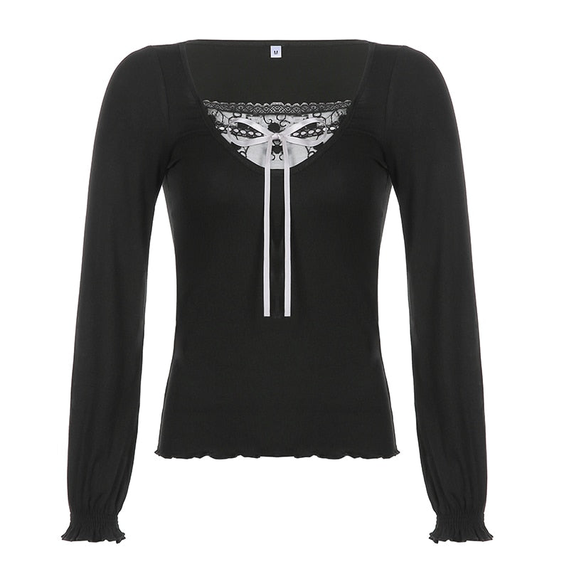 Patchwork Slim Tops Tee Long Sleeves Square Collar Retro Casual Tshirts - MERGE.DAY.1.FREESTYLE