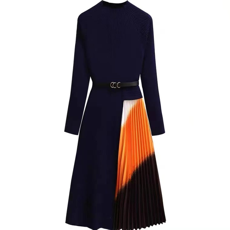 Knitted Patchwork Gradient Print Pleated Dress Long Sleeve Office One-Piece Sweater Dress With Belt - MERGE.DAY.1.FREESTYLE