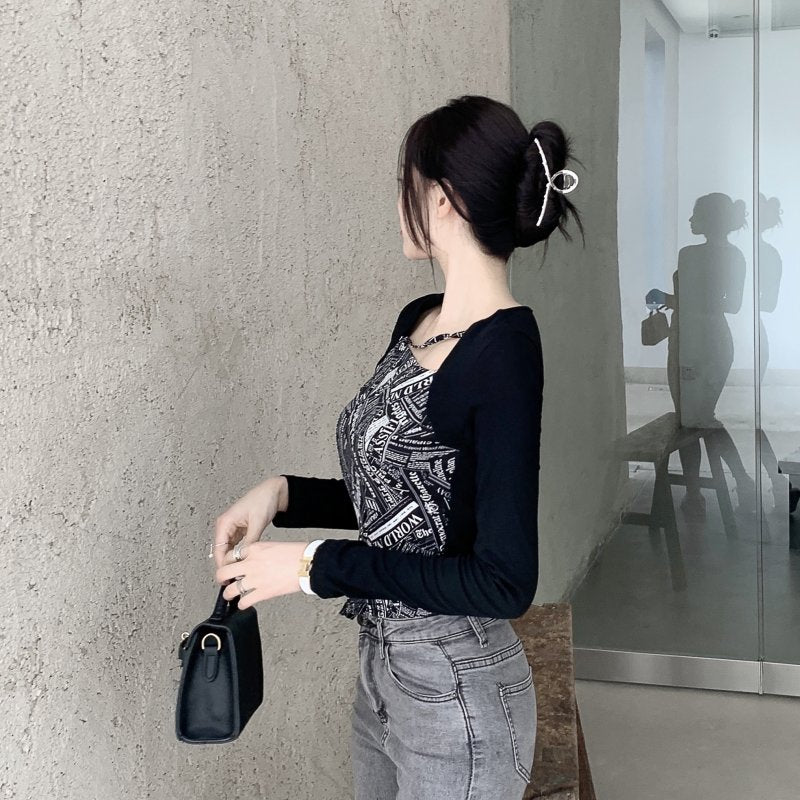 Letter Printed T-shirt Women Fake Two-piece Sexy Slim Long Sleeved Tops Female Cropped Tops - MERGE.DAY.1.FREESTYLE