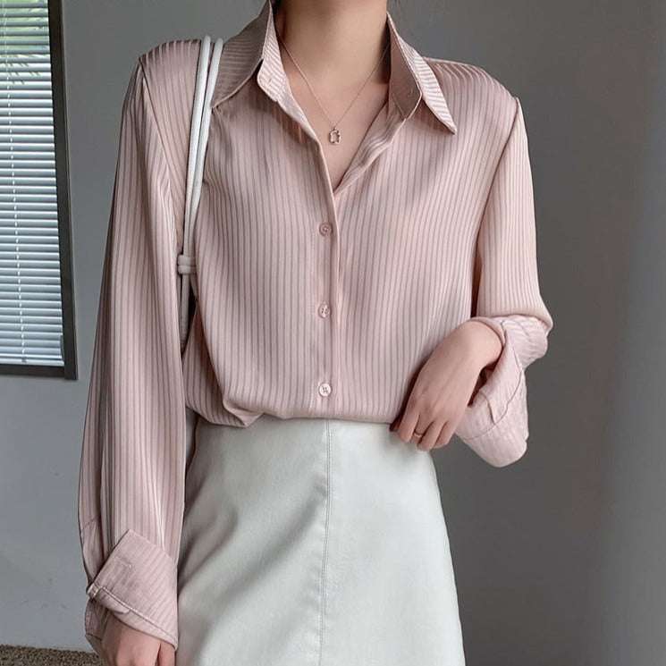 Office Ladies Striped Women Blouses Tops Full Sleeve Loose Shirts - MERGE.DAY.1.FREESTYLE