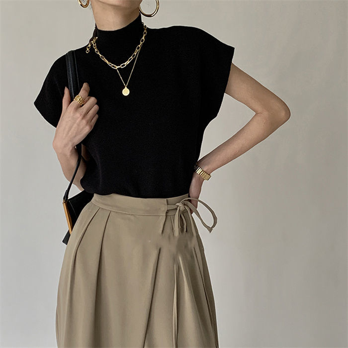 French Turtleneck Knitted Women Spring Summer Design Loose Short Sleeve Cropped Tops Female - MERGE.DAY.1.FREESTYLE