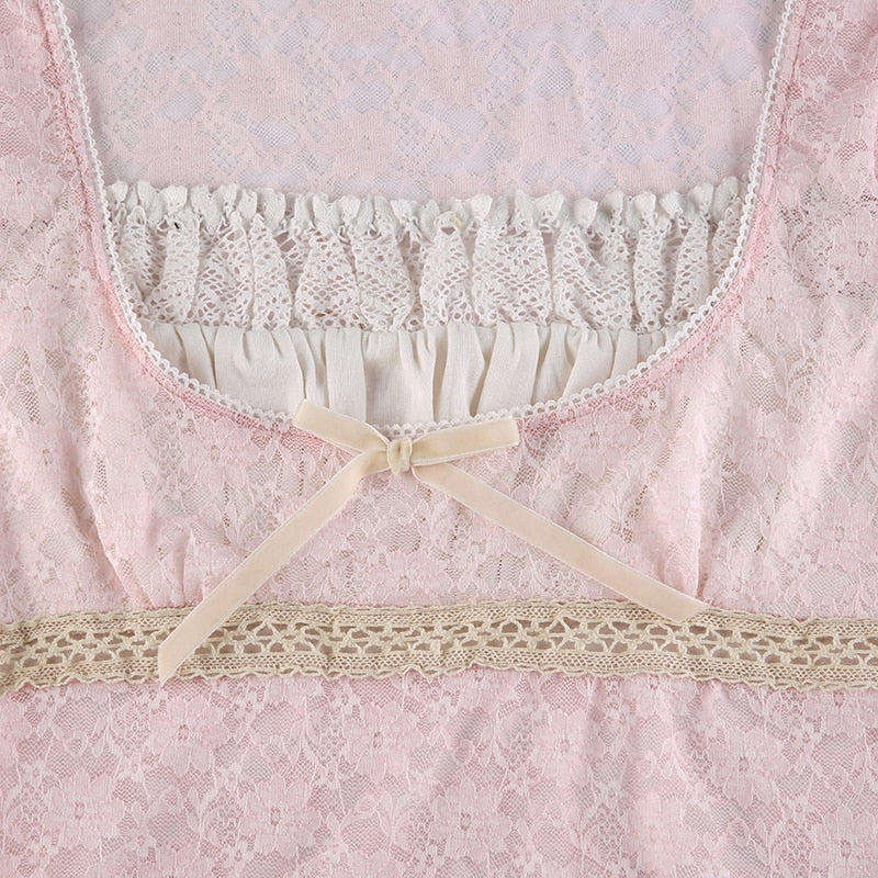 Trim Crop Top Bow Cute Sweet T Shirt Women Retro Short Sleeve Lace Patched Tshirt - MERGE.DAY.1.FREESTYLE