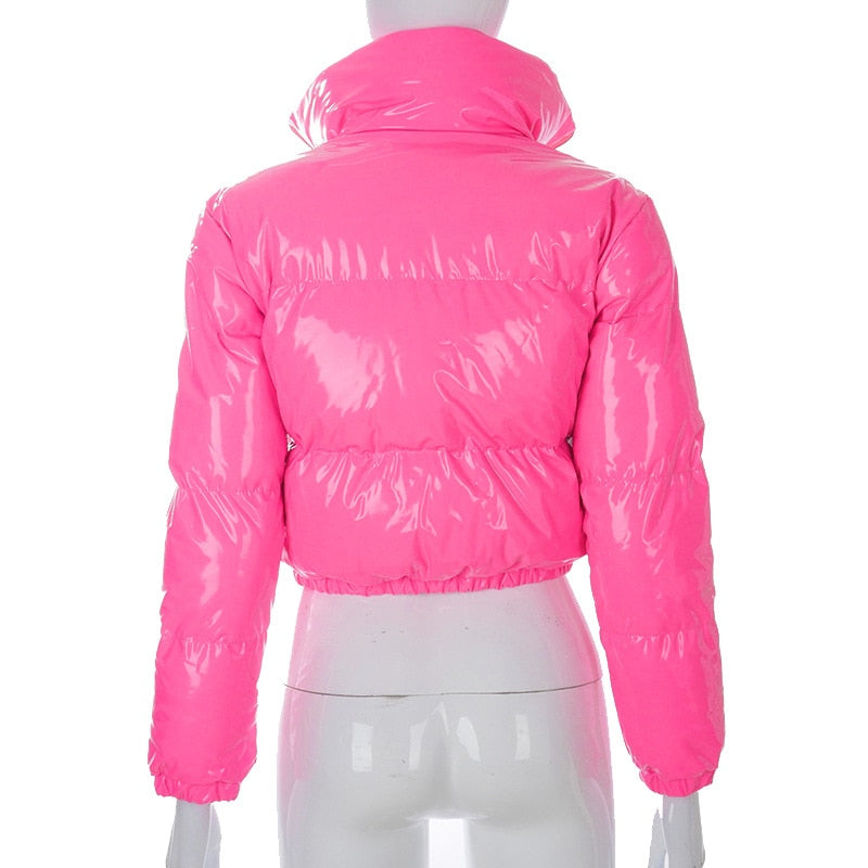Faux PU Leather Y2K Bubble Puffer Winter Warm Jacket Women Long Sleeve Coats - MERGE.DAY.1.FREESTYLE