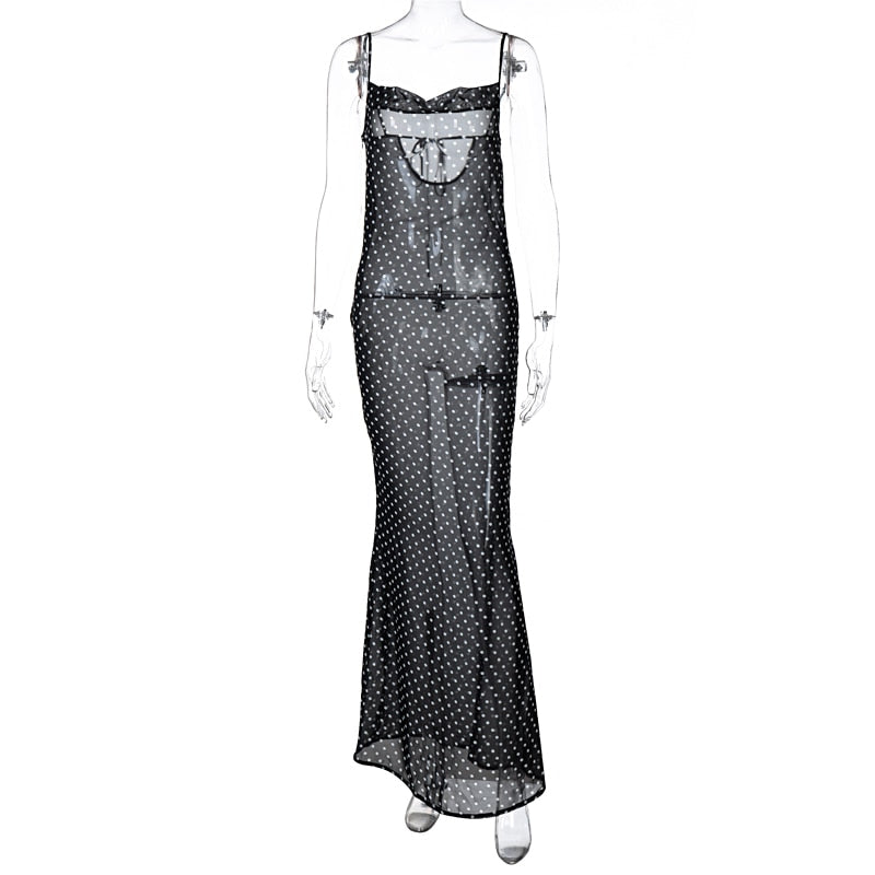 Sleeveless Zip Up Bandage Point Print Mesh See-Through Maxi Dress Sexy Clothings - MERGE.DAY.1.FREESTYLE