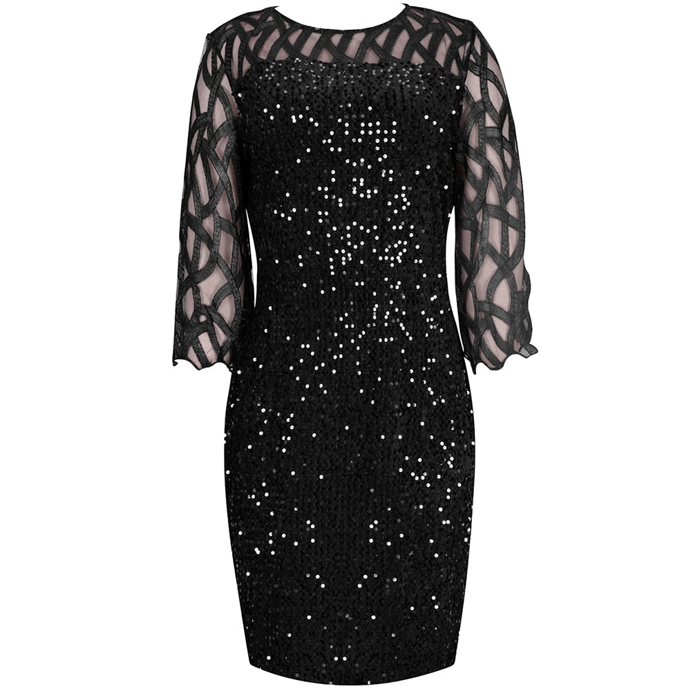 Elegant Sequin Evening Party Dresses 2022 Spring Mesh Patchwork Casual Midi Dress - MERGE.DAY.1.FREESTYLE