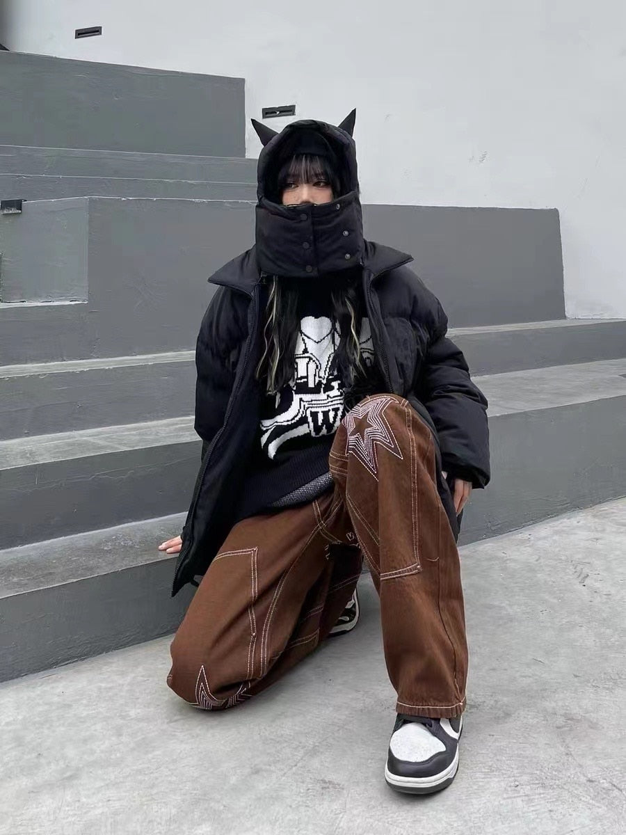 Embroidered Skull Jacket Streetwear Little Devil Designer Hood Padded Jacket Coat - MERGE.DAY.1.FREESTYLE