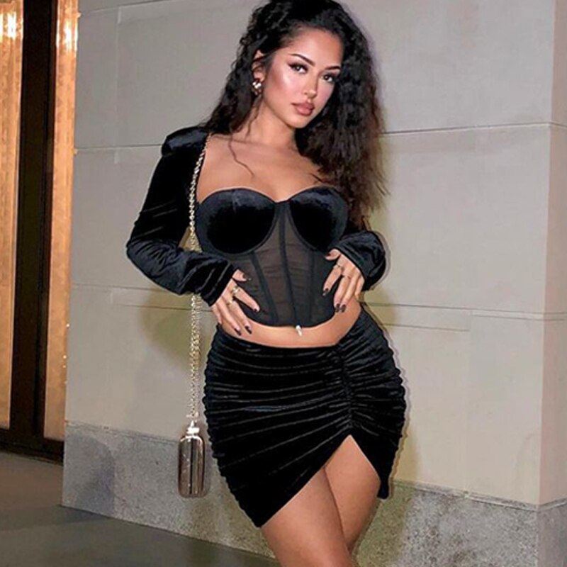 Velvet Mesh Long Sleeve Corset Out Crop Top Ruched Mini Dress 2 Pcs Set Bodycon - MERGE.DAY.1.FREESTYLE