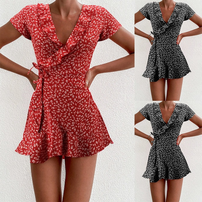 Summer Women’s Floal A-Line Dress Sweet Elegant Floral Ruffles V-neck Bandage Short Dress - MERGE.DAY.1.FREESTYLE