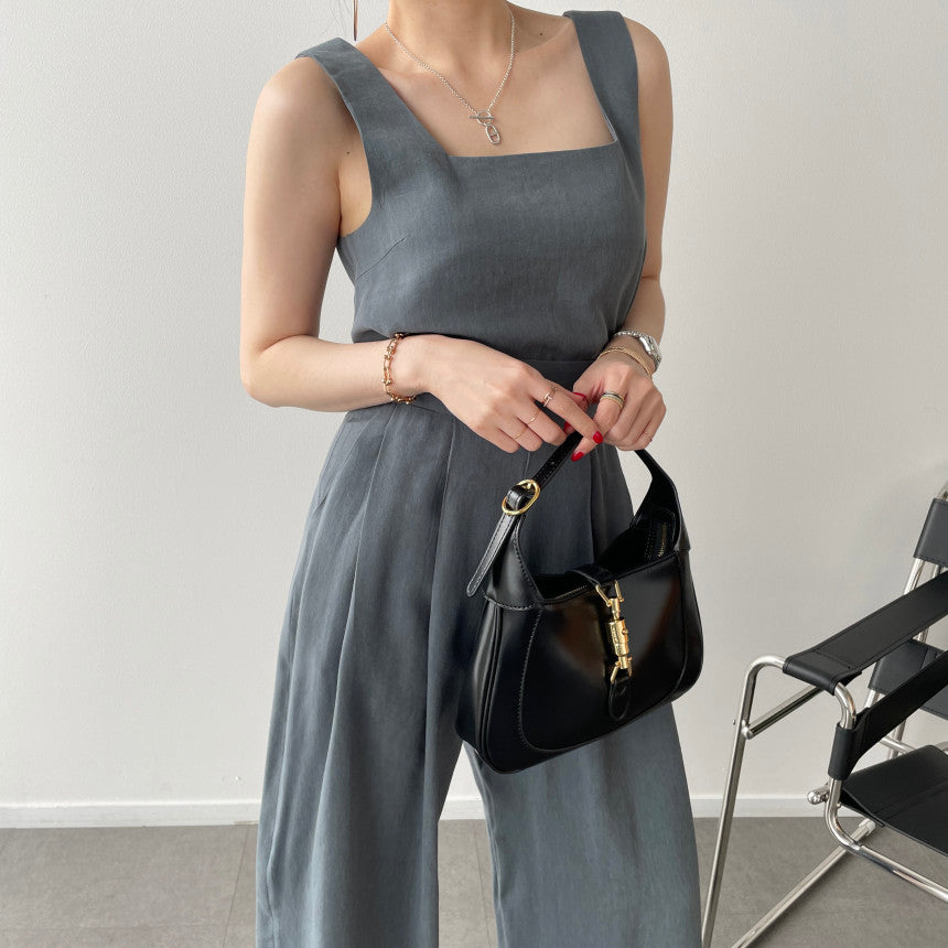 Office Ladies 2-Piece Women Square Neck Loose Vest Top + High Waist Pleated Wide Leg Pants - MERGE.DAY.1.FREESTYLE