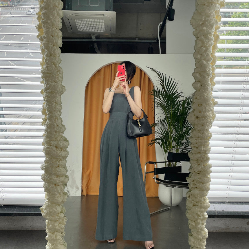 Office Ladies 2-Piece Women Square Neck Loose Vest Top + High Waist Pleated Wide Leg Pants - MERGE.DAY.1.FREESTYLE