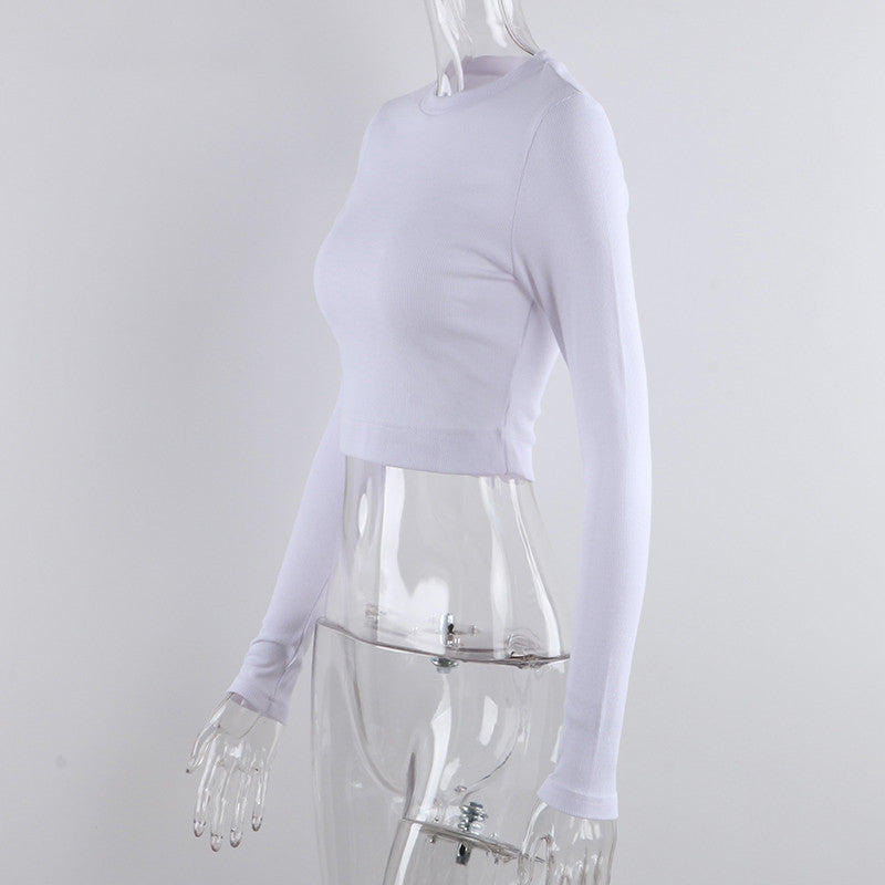 O Neck Long Sleeve Shirt Women Ribbed Sexy Cropped Tops Casual Skinny T Shirts White - MERGE.DAY.1.FREESTYLE