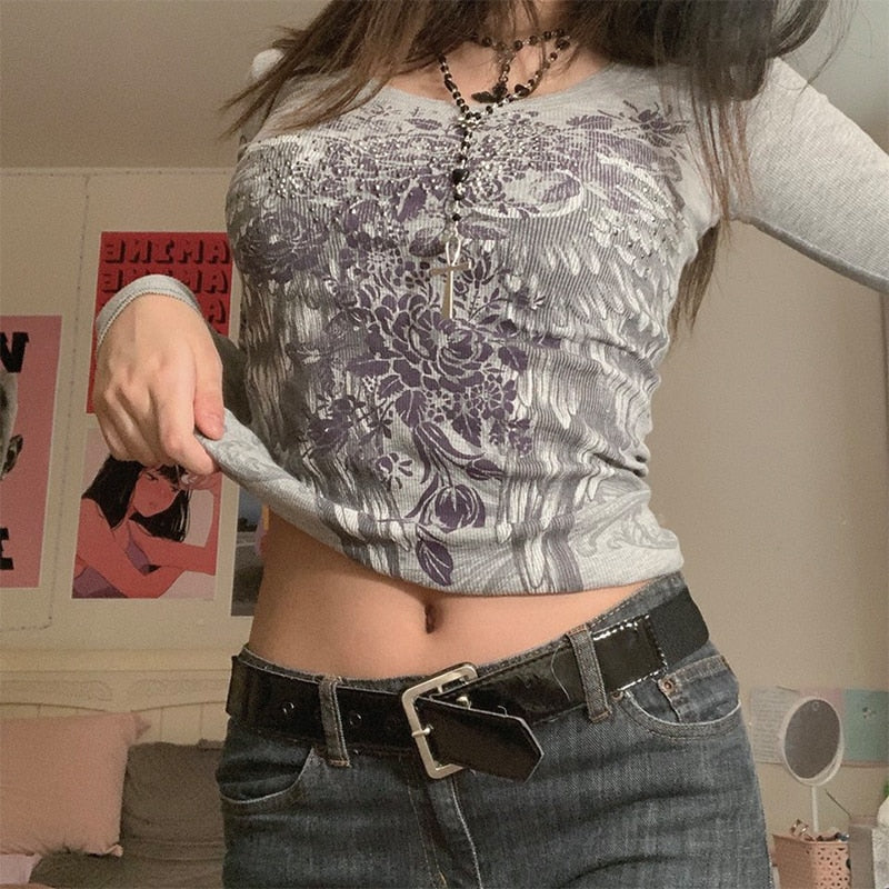 Grunge Tshirts Fairycore Harajuku Graphic Print Gray Cute Casual Tshirts Streetwear Tops - MERGE.DAY.1.FREESTYLE