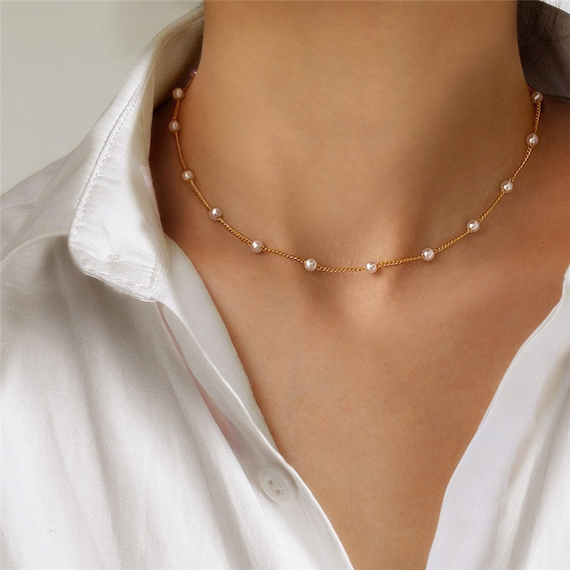 Beads Women's Neck Chain Kpop Pearl Choker Necklace Gold Color Jewelry On The Neck Pendant - MERGE.DAY.1.FREESTYLE