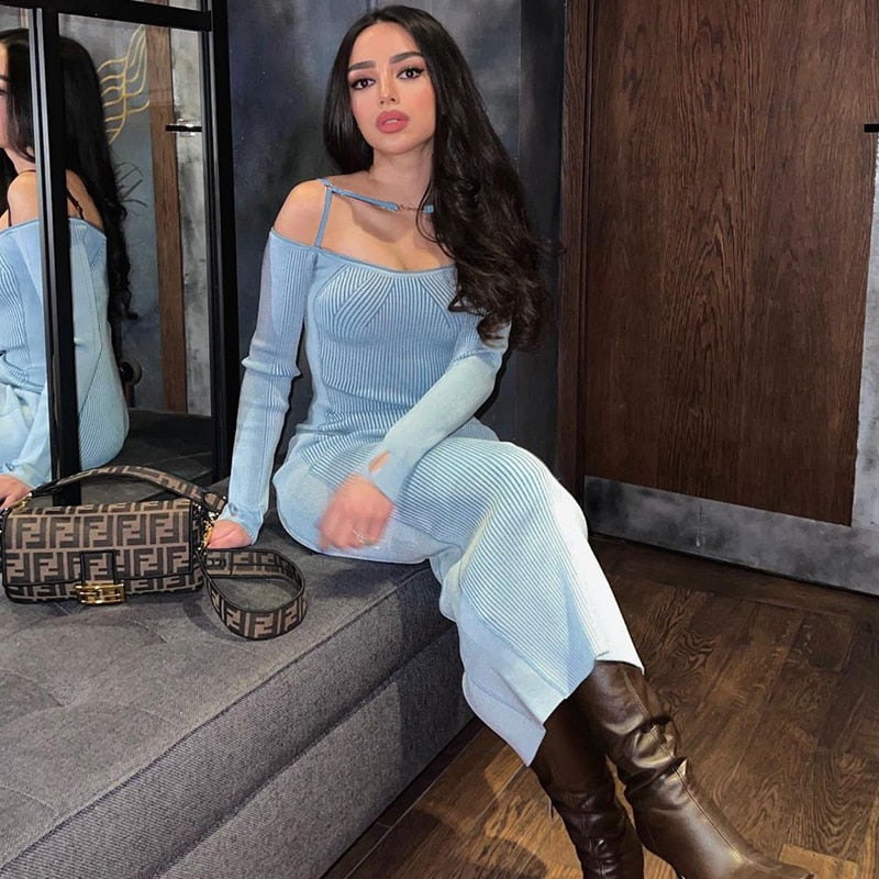 ibbed Solid Slash Neck Slip Long Sleeves Bodycon Mini Dress Streetwear Y2K - MERGE.DAY.1.FREESTYLE