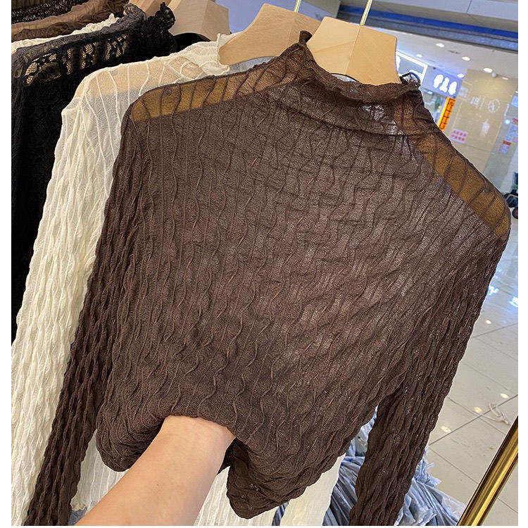 Women Lace Mesh High Collar Bottom T-shirts Female Long Sleeve Casual Style Tight Thin Tops - MERGE.DAY.1.FREESTYLE