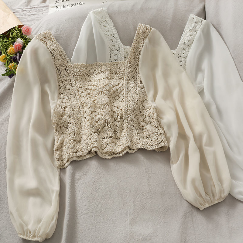 Vintage Women Thin Shirts Hollow Puff Sleeve Square Collar Slim Blouses Ladies Tops - MERGE.DAY.1.FREESTYLE