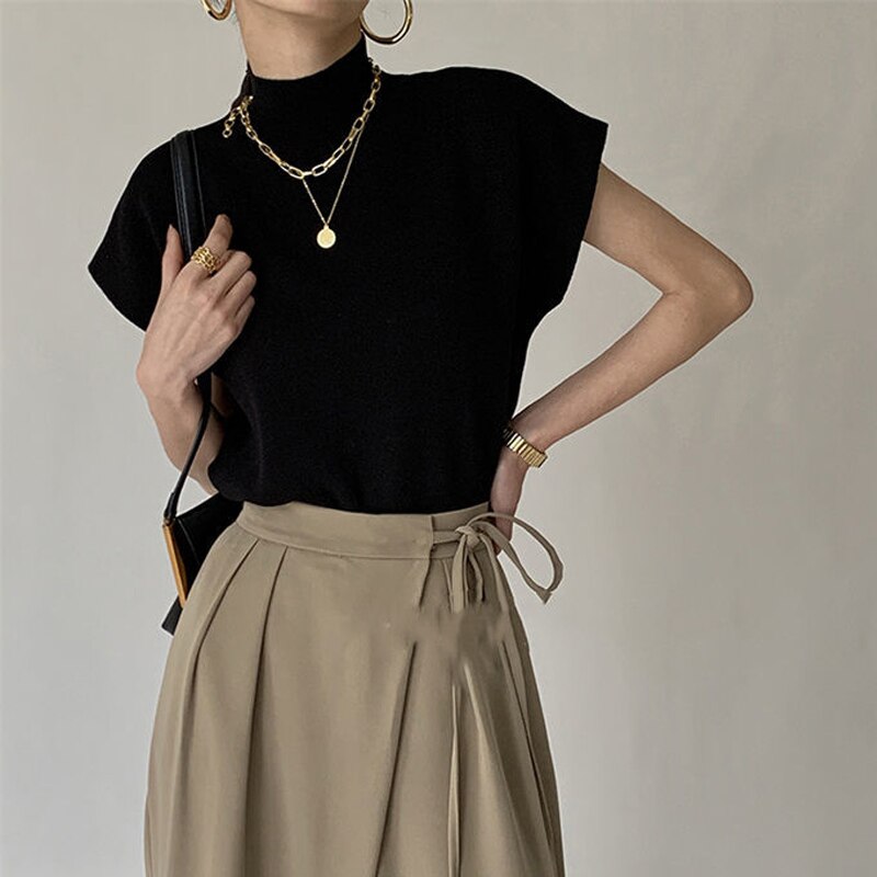 French Turtleneck Knitted Women Spring Summer Design Loose Short Sleeve Cropped Tops Female - MERGE.DAY.1.FREESTYLE
