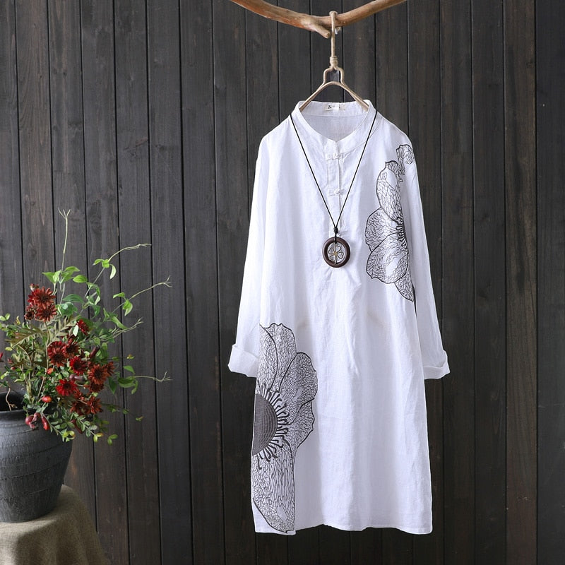 Cotton Shirt Long Sleeve Embroidery Blouse Stand Collar Loose Long Top Office Lady Casual Wear - MERGE.DAY.1.FREESTYLE