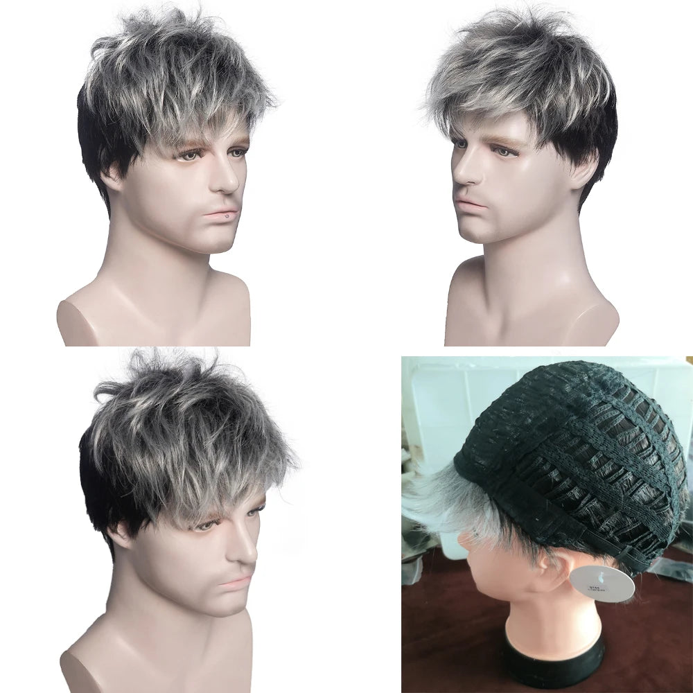 MSIWIGS Men Short Straight Wig Ombre Grey Brown Synthetic Wig White for Male Hair Fleeciness Realistic Natural Headgear - MERGE.DAY.1.FREESTYLE