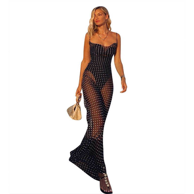 Sleeveless Zip Up Bandage Point Print Mesh See-Through Maxi Dress Sexy Clothings - MERGE.DAY.1.FREESTYLE