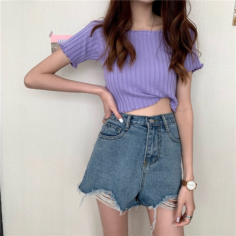 Women Off Shoulder T-shirts Knitted Ruffles Hem Crop Tops Short Sleeve T-shirts - MERGE.DAY.1.FREESTYLE
