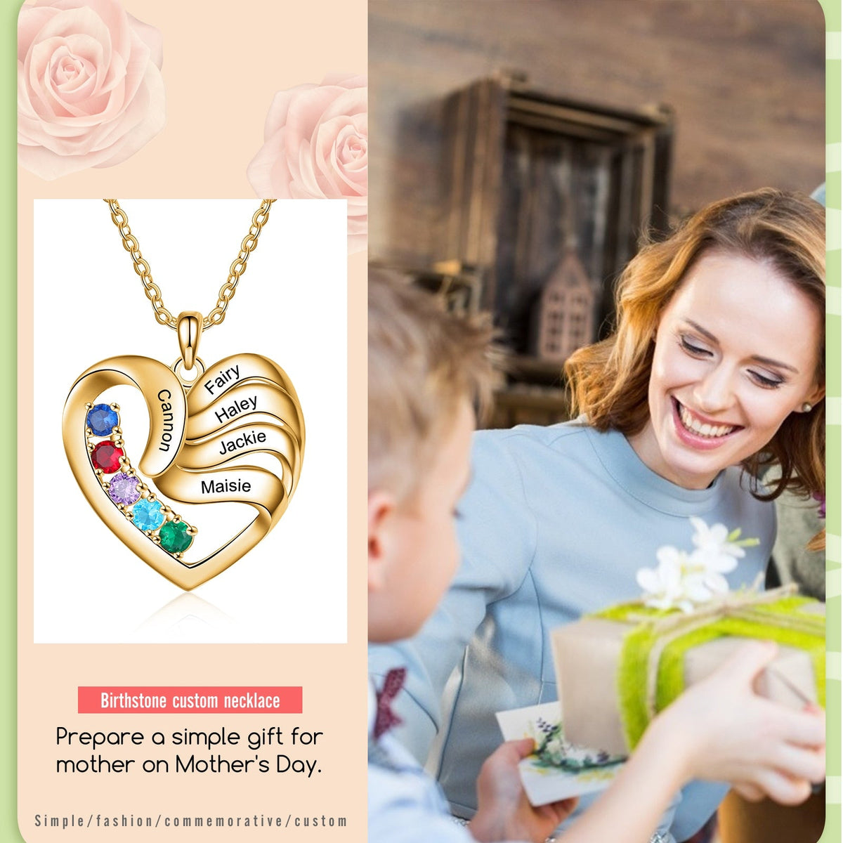 2-5 Names Customized Birthstone Fashion Memorial Heart Necklace - MERGE.DAY.1.FREESTYLE
