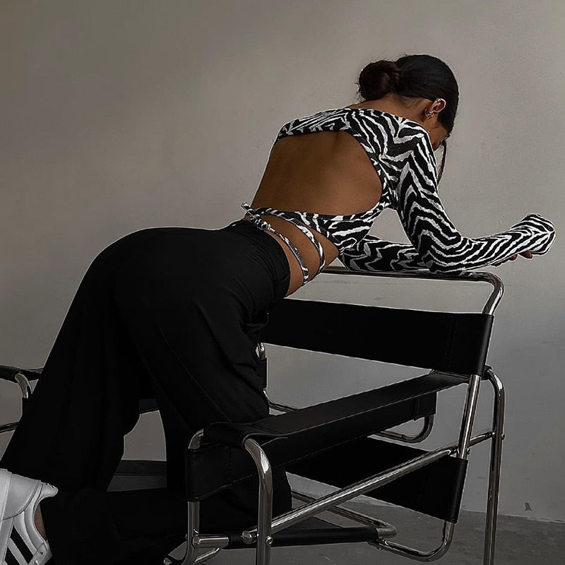 Leopard Zebra Printed Sexy Backless Lace ups Pullover Tees Women O-neck Slim Longsleeve Short T-Shirt - MERGE.DAY.1.FREESTYLE