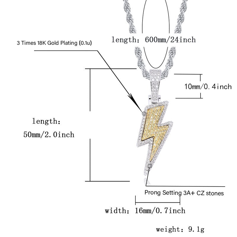 Iced Out Bling Lightning Pendants With Tennis Chain Copper Material Men's Hip Hop Jewelry Gift - MERGE.DAY.1.FREESTYLE