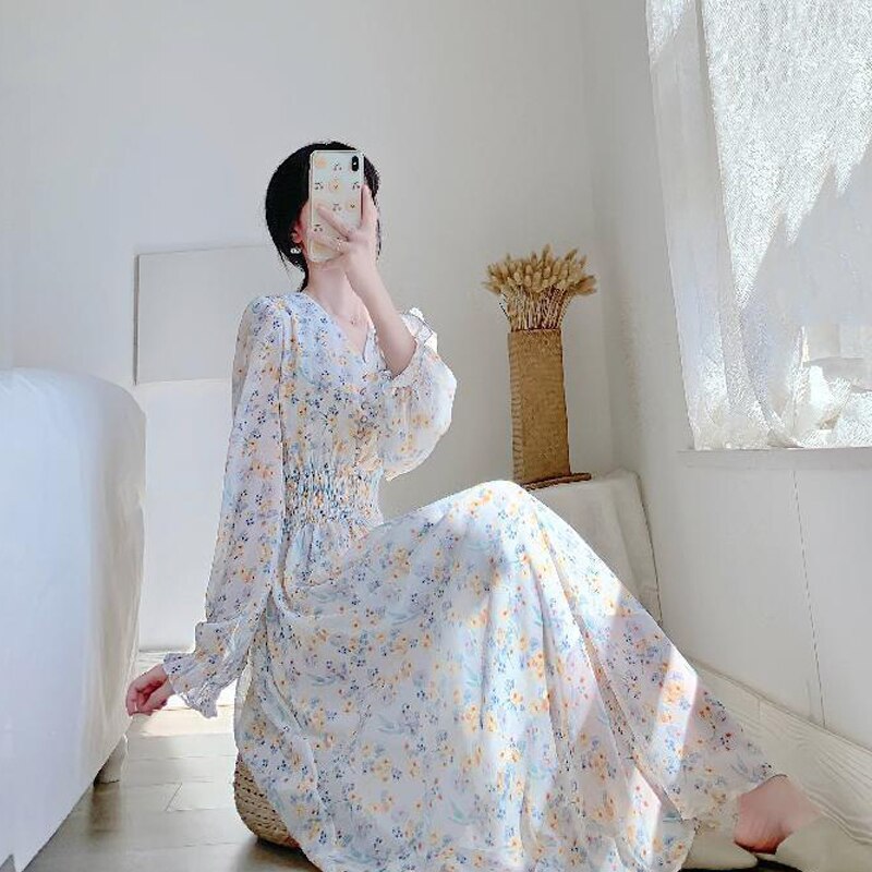 V-neck Chiffon Floral Dress Women Spring Summer Fairy Long Dresses Female - MERGE.DAY.1.FREESTYLE