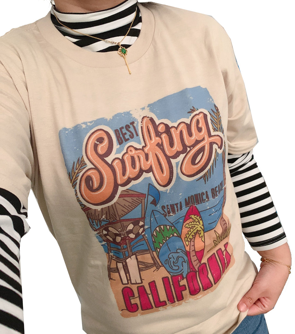 1pcs WHITE Tees Summer Casual Oversized Tee Best Surfing Santa Monica California Womens Retro Style - MERGE.DAY.1.FREESTYLE