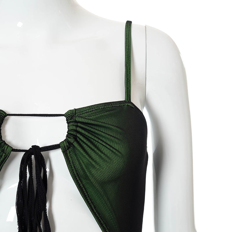 Women Mesh Bodycon Mini Green Dress Spaghetti Strap Lace Up Ruched Slim - MERGE.DAY.1.FREESTYLE