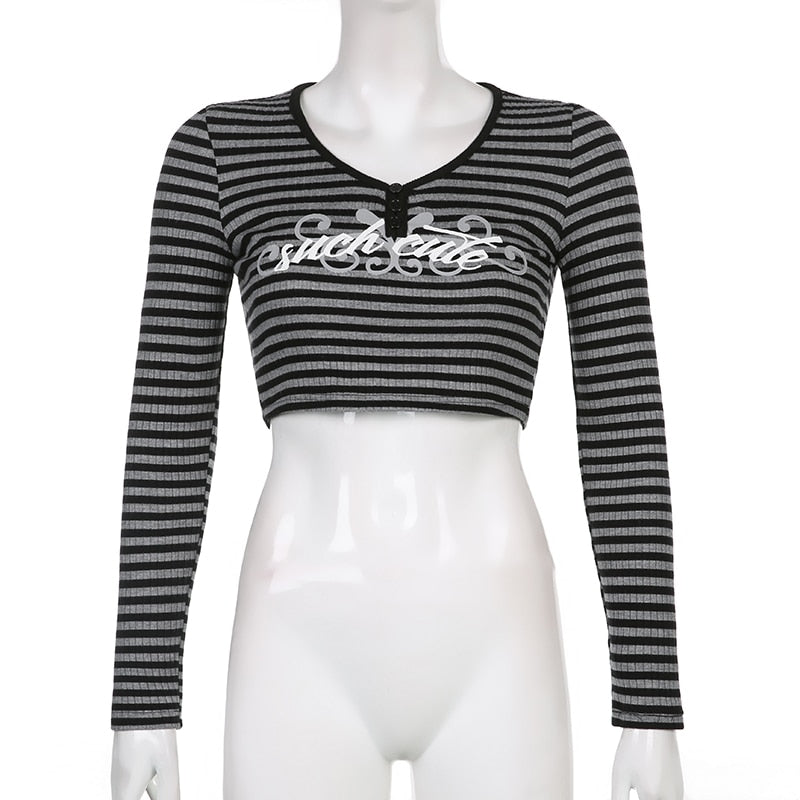 Goth Print Tops Stripe Cute T-Shirts Dark Academia Techwear Button Up V Neck Half Sleeve Sweat Shirts - MERGE.DAY.1.FREESTYLE