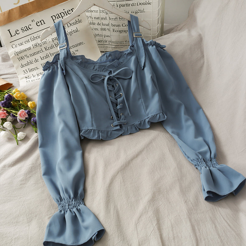 French Bandage Off Shoulder Ruffle Top Female Elegant Long Sleeve Shirt Y2k - MERGE.DAY.1.FREESTYLE