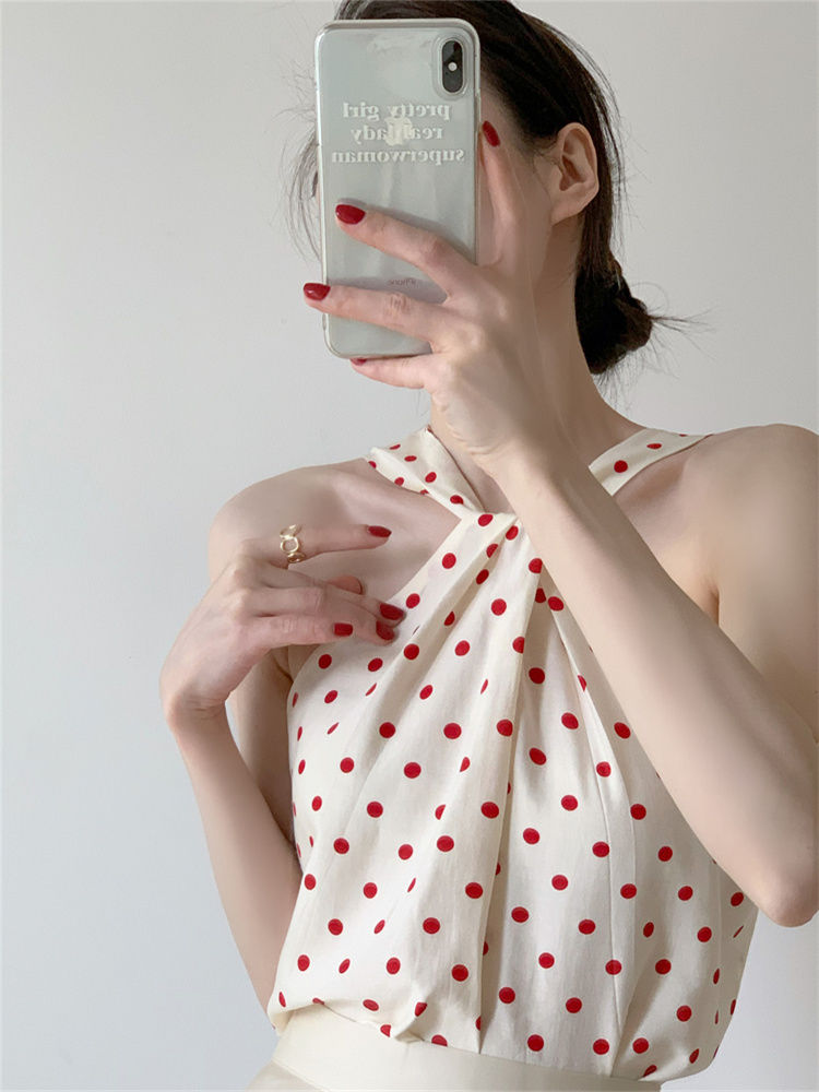 Backless Camis Women Summer Polka Dot Twist Halterneck Vest Female Casual Chiffon Tops - MERGE.DAY.1.FREESTYLE
