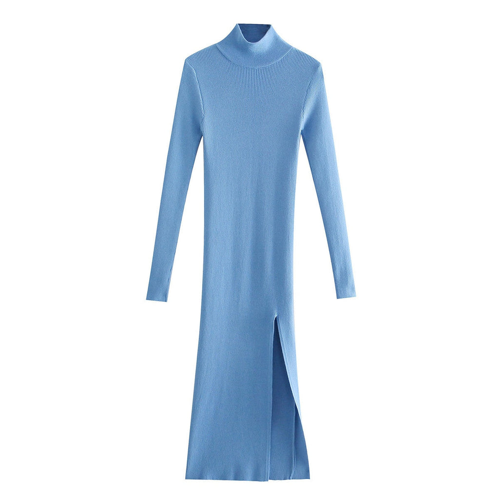 Long Sleeves High-Neck Elastic Midi Dress Lady Knit Sweater Dresses - MERGE.DAY.1.FREESTYLE
