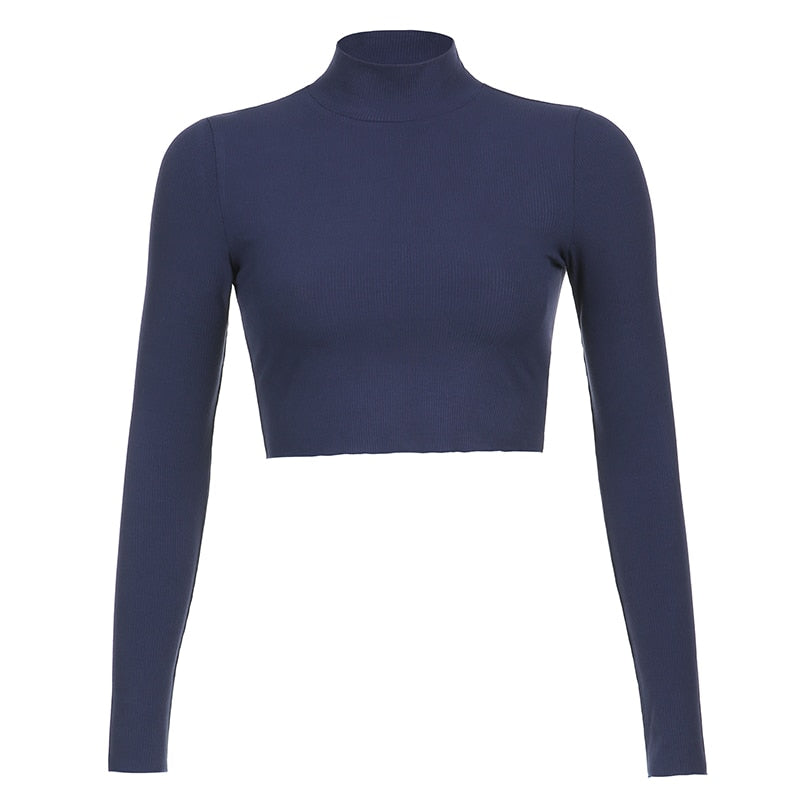Solid Turtleneck Cropped T Shirt Women Autumn Casual Long Sleeve Ladies Skinny Basic - MERGE.DAY.1.FREESTYLE