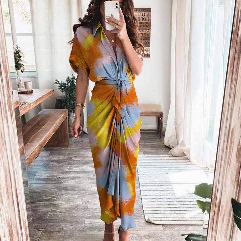 Women Summer Short Sleeve Slit Long Dress Turn-down Collar Elegant Button Draped Party Dresses - MERGE.DAY.1.FREESTYLE