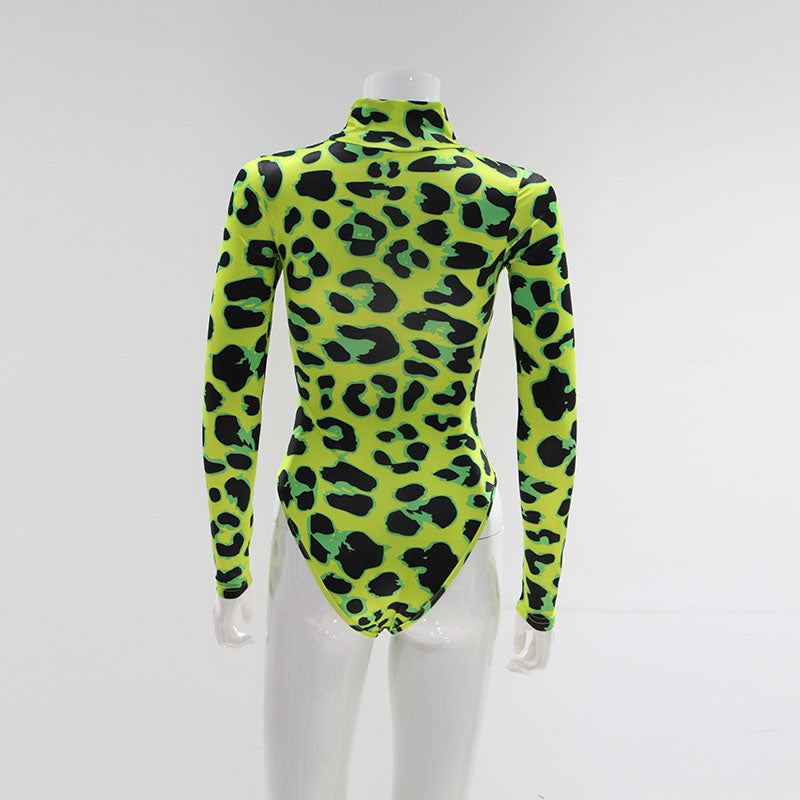 Women Long Sleeve Leopard Skin Prinetd Bodysuit Sexy Neon Green Streetwear Jumpsuit - MERGE.DAY.1.FREESTYLE