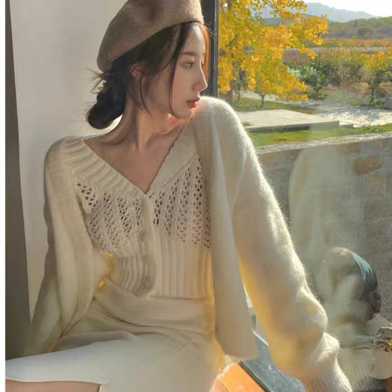 Women Hollow Sweater Cardigan Outerwear V Neck Button Knitted Tops Jackets - MERGE.DAY.1.FREESTYLE