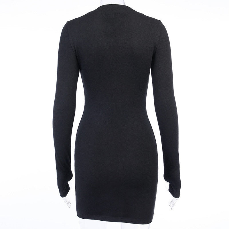 Bodycon Ribbed Dress Stand Collar Zipper Deep V-neck Solid Stretch Mini Vestido - MERGE.DAY.1.FREESTYLE