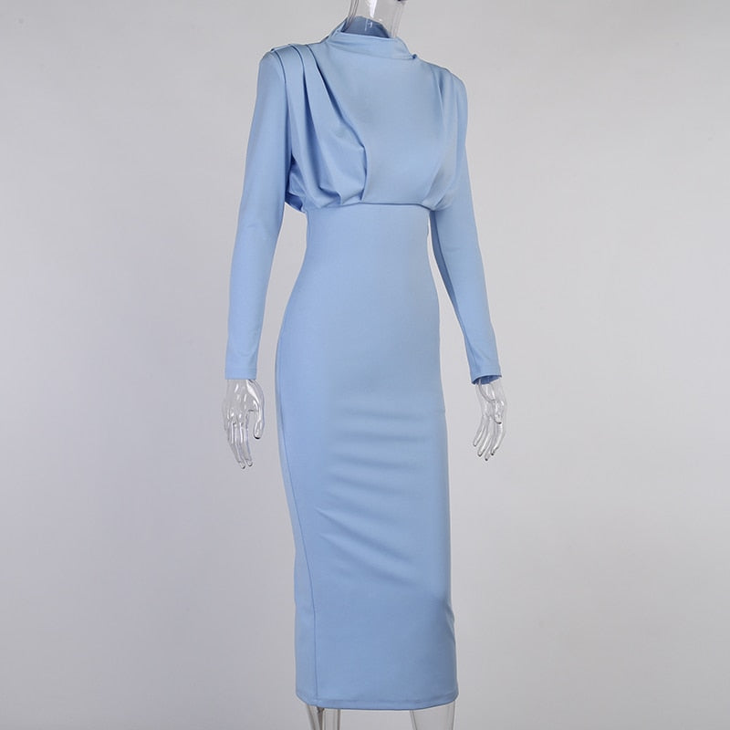 Elegant Women Dress Stand Collar Slim Waist Solid Ankle Length Autumn Long Sleeve Dress - MERGE.DAY.1.FREESTYLE