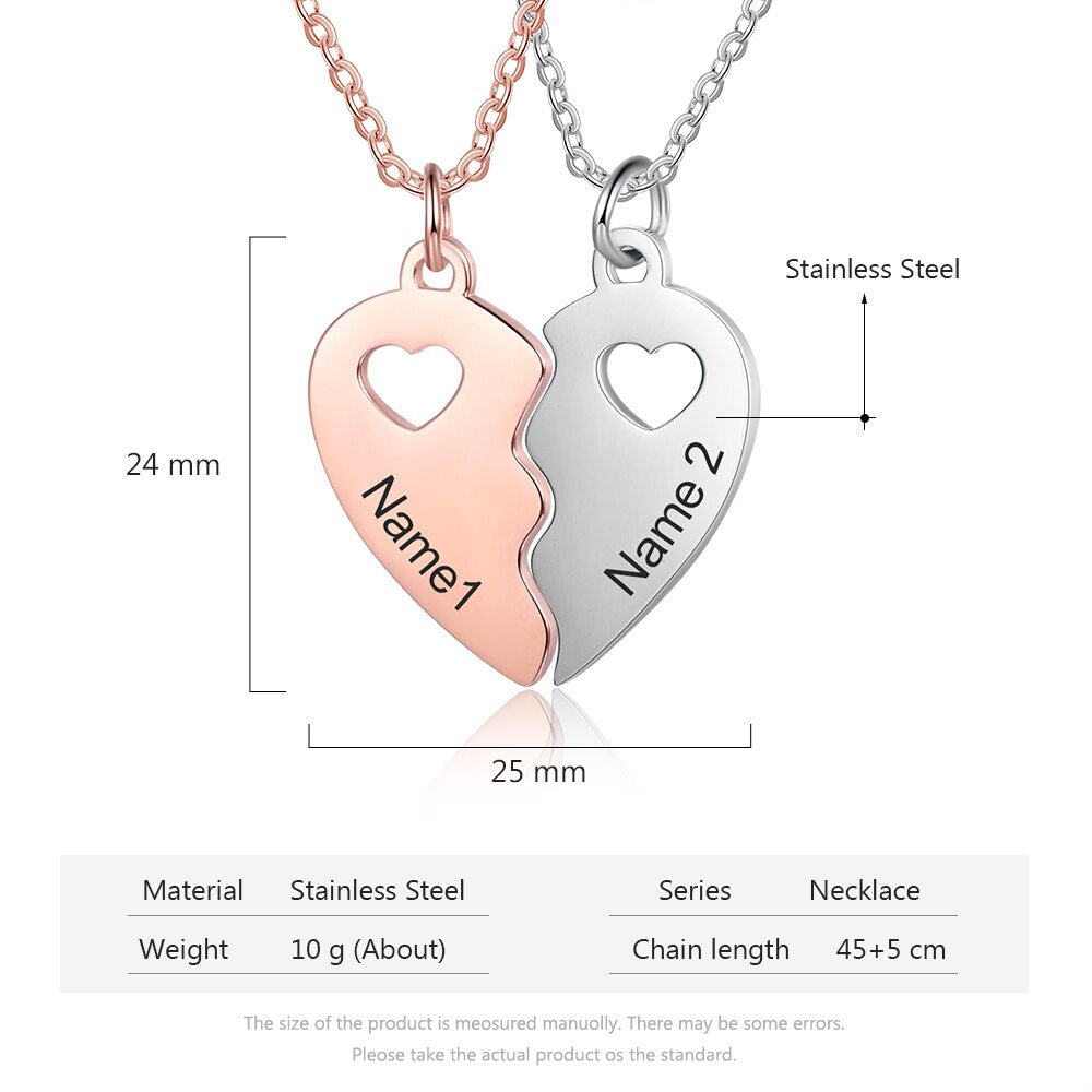 Name Engraving BFF Necklace Customized Rose Gold Silver Color Heart Couple Pendants - MERGE.DAY.1.FREESTYLE