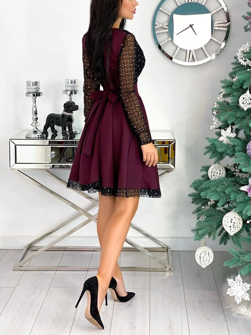 Shiny Sequin Diamond Mesh Stitching Dress Women Spring Autumn Sheer Long Sleeve Belted Slim A Line Dresses - MERGE.DAY.1.FREESTYLE