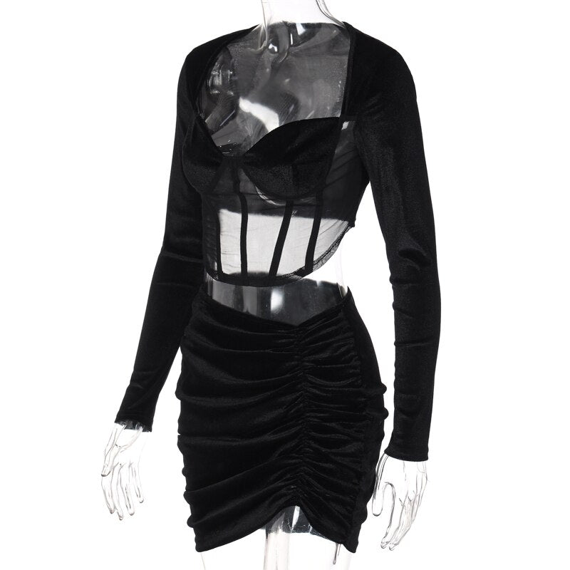 Velvet Mesh Long Sleeve Corset Out Crop Top Ruched Mini Dress 2 Pcs Set Bodycon - MERGE.DAY.1.FREESTYLE