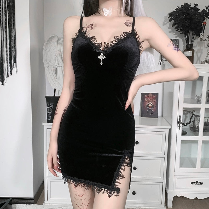 Gothic Dark Cross Black Mini Dress Vintage Sexy Spaghetti Strap High Waist Slit Dresses - MERGE.DAY.1.FREESTYLE