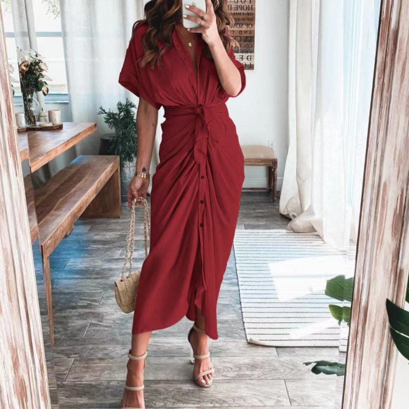 Vestido largo elegante de verano para mujer, de manga corta, con abertura, cuello tipo polo, botones y drapeado para fiesta