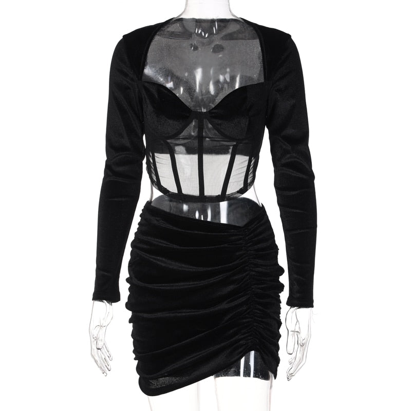 Velvet Mesh Long Sleeve Corset Out Crop Top Ruched Mini Dress 2 Pcs Set Bodycon - MERGE.DAY.1.FREESTYLE
