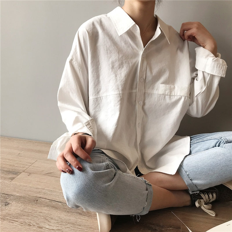 Loose Turn-down Collar Solid Female Shirts Tops Spring Summer Blouses - MERGE.DAY.1.FREESTYLE