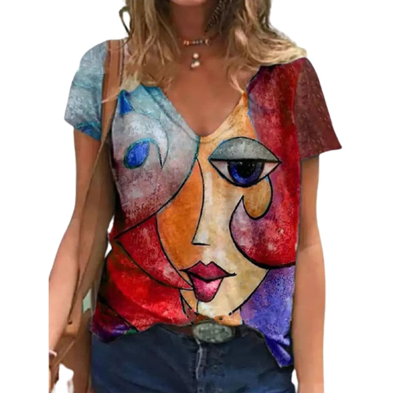 V Neck Tshirt Women's Summer Print Shirt Tops Loose Female Tee Streetwear Short Sleeve Clothes - MERGE.DAY.1.FREESTYLE