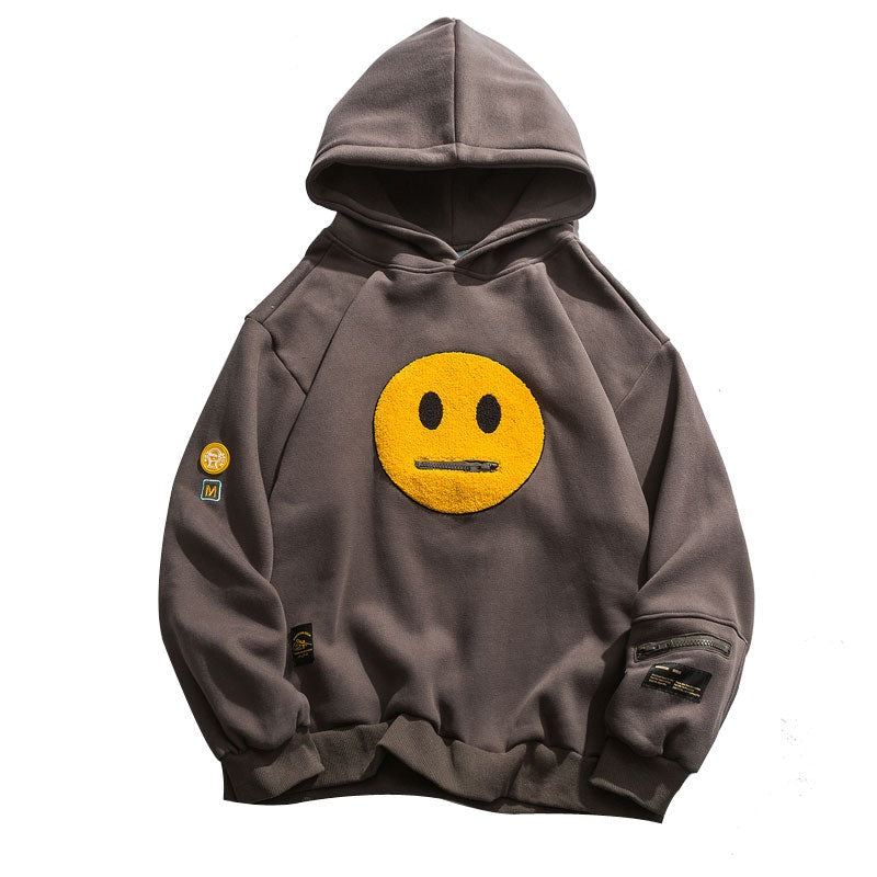 Zipper Pocket Smile Face Patchwork Fleece Hoodies Sweatshirts Streetwear - MERGE.DAY.1.FREESTYLE